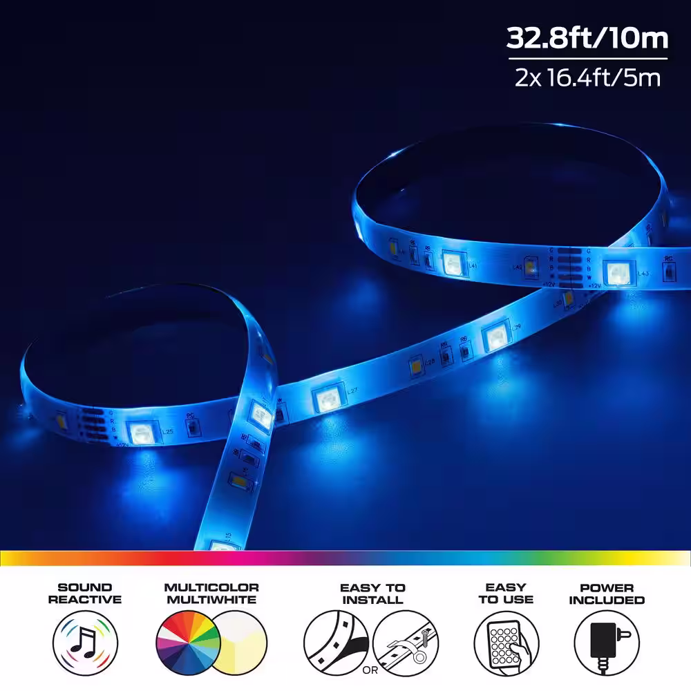 Monster 32.8FT Sound-Reactive RGB LED Amplifier Light Strip, Customizable Multicolor Lighting, Remote Control
