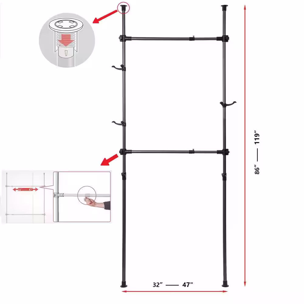 None Black Steel 2 Tier Adjustable Clothes Rack