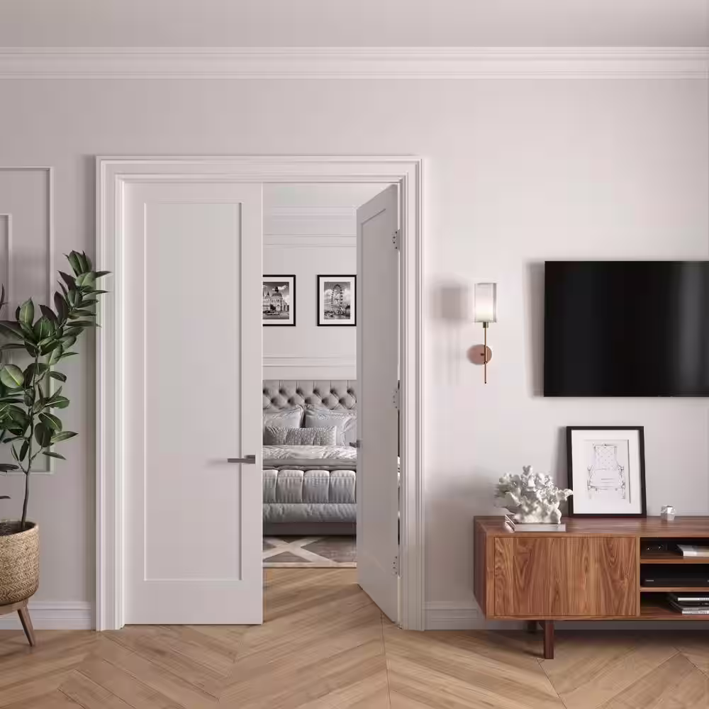 RESO 64 In. x 96 In.Bi-Parting Solid Core Primed White Composite Double Pre-hung French Door Catch Ball Oil Bronze Hinges