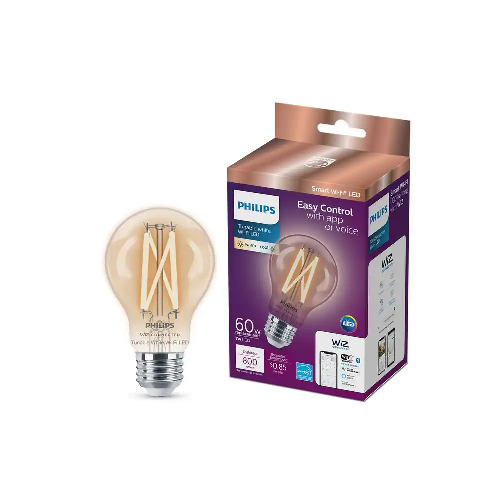Philips 60-Watt Equivalent A19 Smart Wi-Fi LED Vintage Edison Tuneable White Light Bulb Powered by WiZ with Bluetooth (4-Pack)
