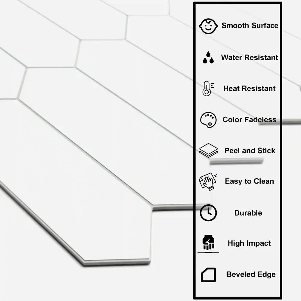 None Long Hexagon 12 in. x 11.22 in. Peel and Stick backsplash, Stone Composite Wall Tile, White (10 Tiles, 9.35 sq.ft.)