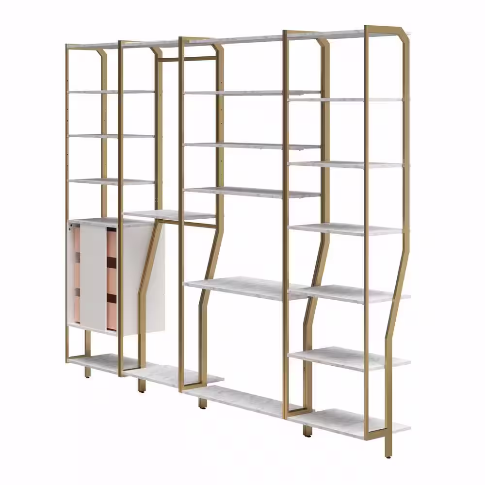 CosmoLiving by Cosmopolitan Gwyneth 108 in. W Wall Mount Adjustable Wood Closet System 4 Piece Bundle-Shelves, Vanity, Hanging Rods & Drawers, White