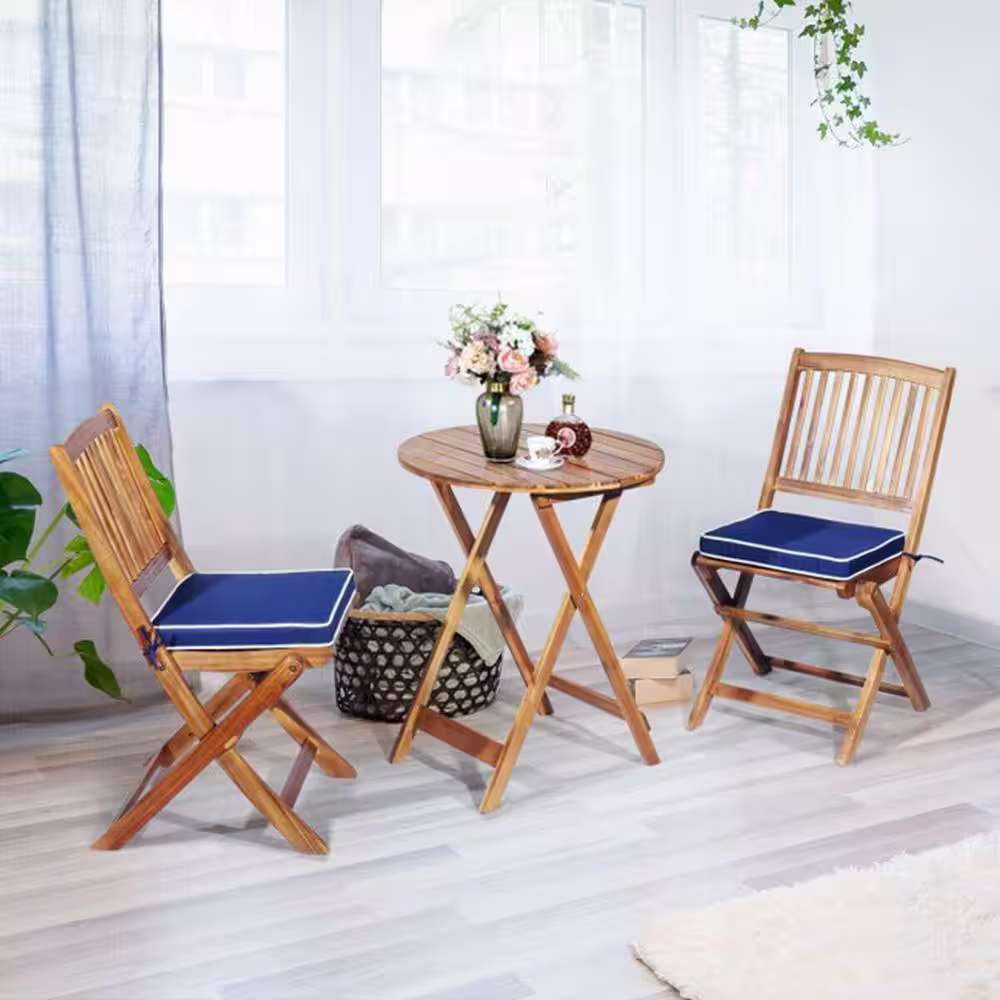 None 3-Piece Acacia Wood Foldable Outdoor Bistro Set with Navy Cushions Outdoor Furniture Set