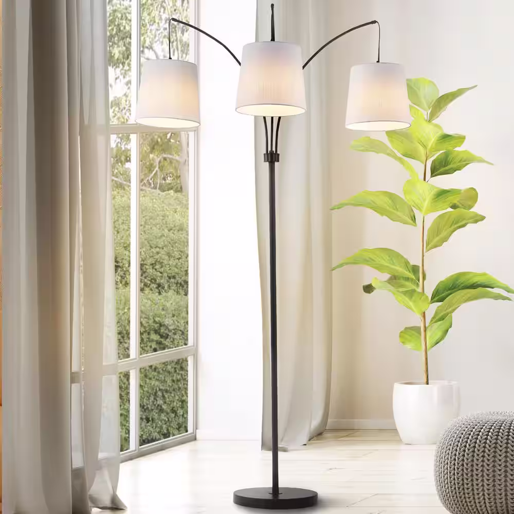 JONATHAN Y Sylva 72 .5 in. 3-Light Mid-Century Modern Head-Adjustable Iron LED Arc Floor Lamp, Black