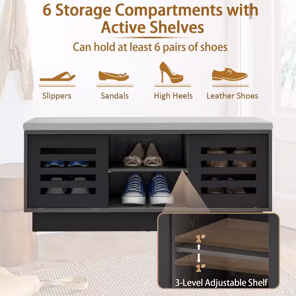 Costway 18 in. H x 39 in. W Grey MDF Shoe Storage Bench with Cushion Shoe Storage Organizer Shoe Rack Entryway