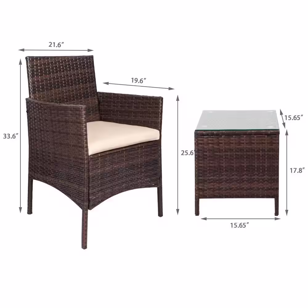 Tozey Brown 3-Pieces Patio Furniture PE Rattan Outdoor Conversation Set w/Table Backyard Garden Set with Beige Cushion