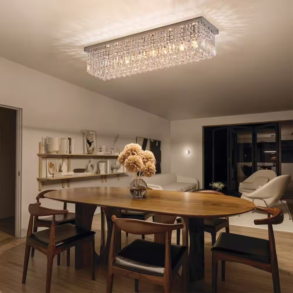 SILJOY 40 in. Modern 8-Light Rectangle Crystal Chandelier Ceiling Light Fixture Flush Mount Light Fixture For Living Room