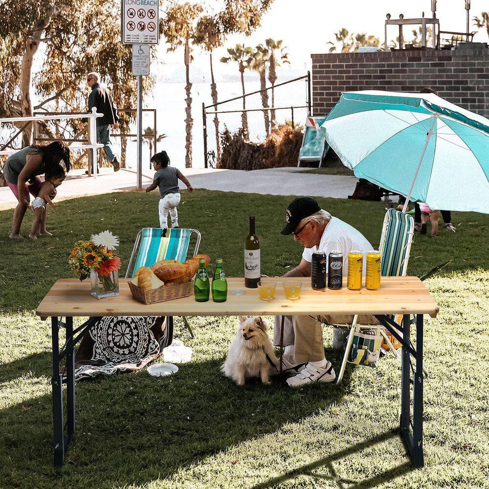 Alpulon 66.5 in. Wooden Folding Picnic Outdoor Table with Adjustable Heights