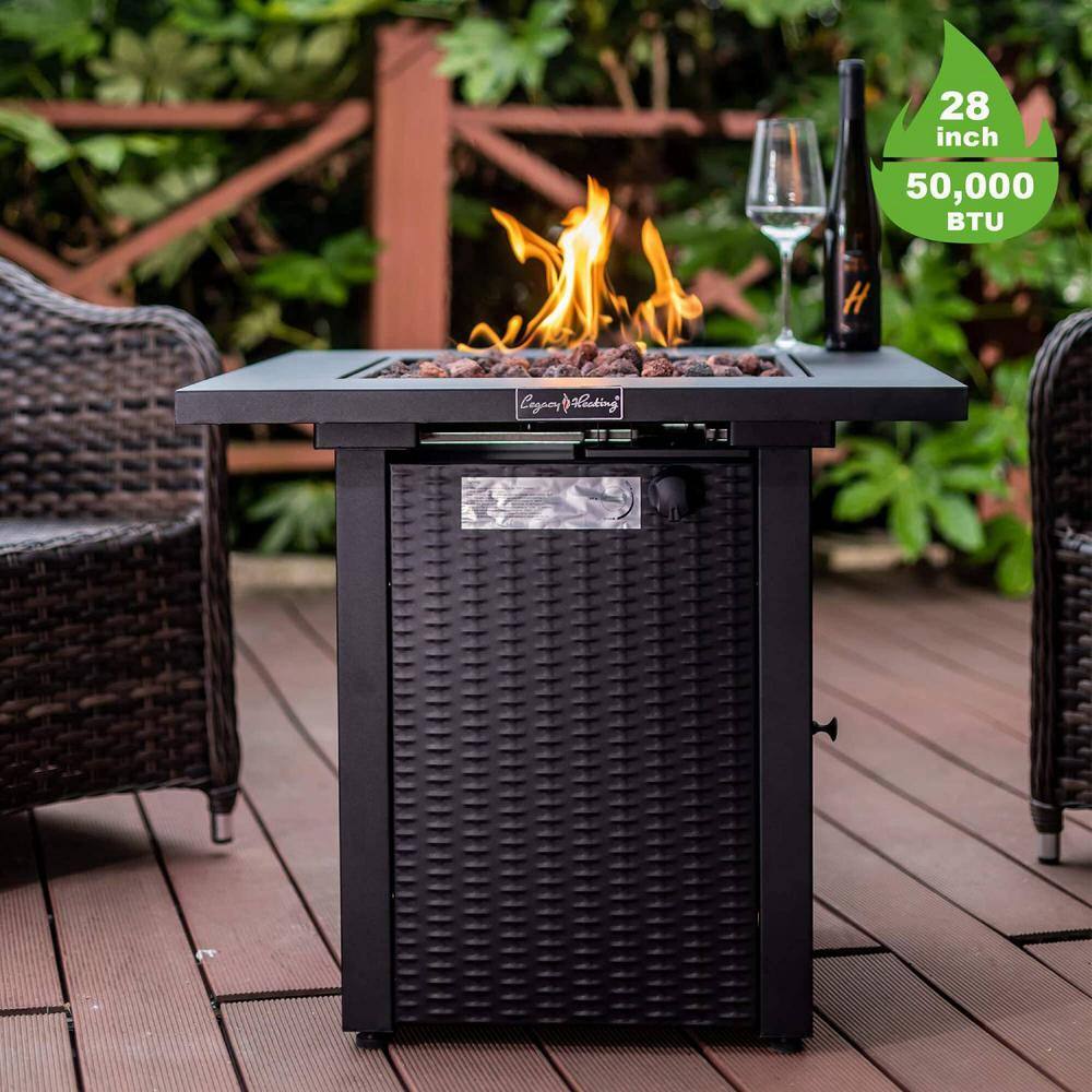 None Black 28 in. Metal Outdoor Propane Fire Pit Table 50000 BTU Gas Dinning Fire Table with Lid Lava Stone Adjustable Flame