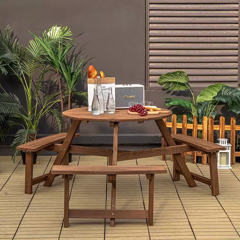 Costway 6-person Round Wooden Picnic Table Outdoor Table with Umbrella Hole and Benches