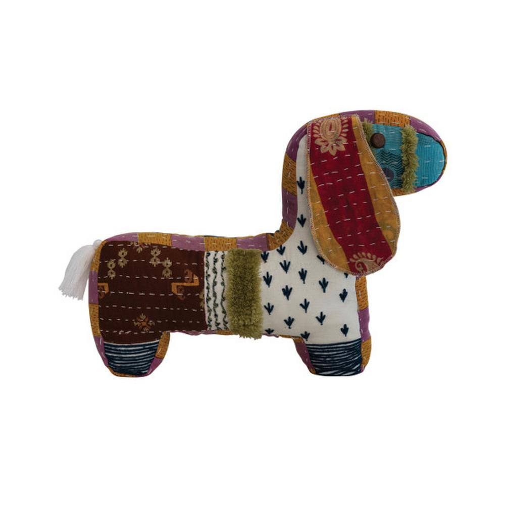 None Multi-Colored Cotton 13 in. x 18 in. x 2.5 in. Patchwork Dog Shaped Throw Pillow with Tassel Tail