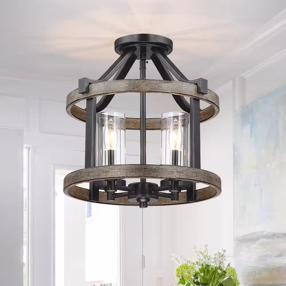 TRUE FINE Madison 12.5 in. 4-Light Natural Iron and Distressed Faux Wood Modern Farmhouse Semi-Flush Mount Ceiling Light