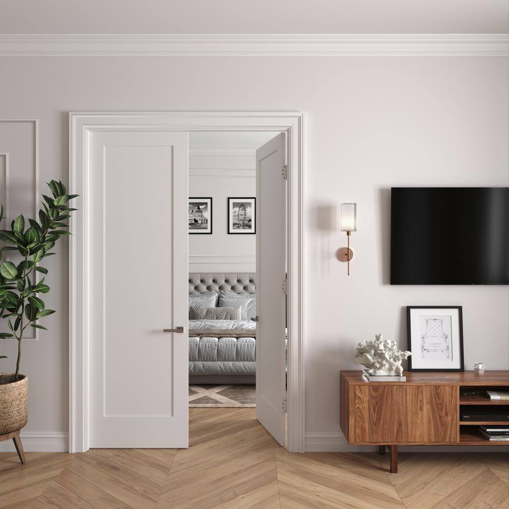 RESO 68 In. x 96 In.Bi-Parting Solid Core Primed White Composite Double Pre-hung French Door Catch Ball Satin Nickel Hinges