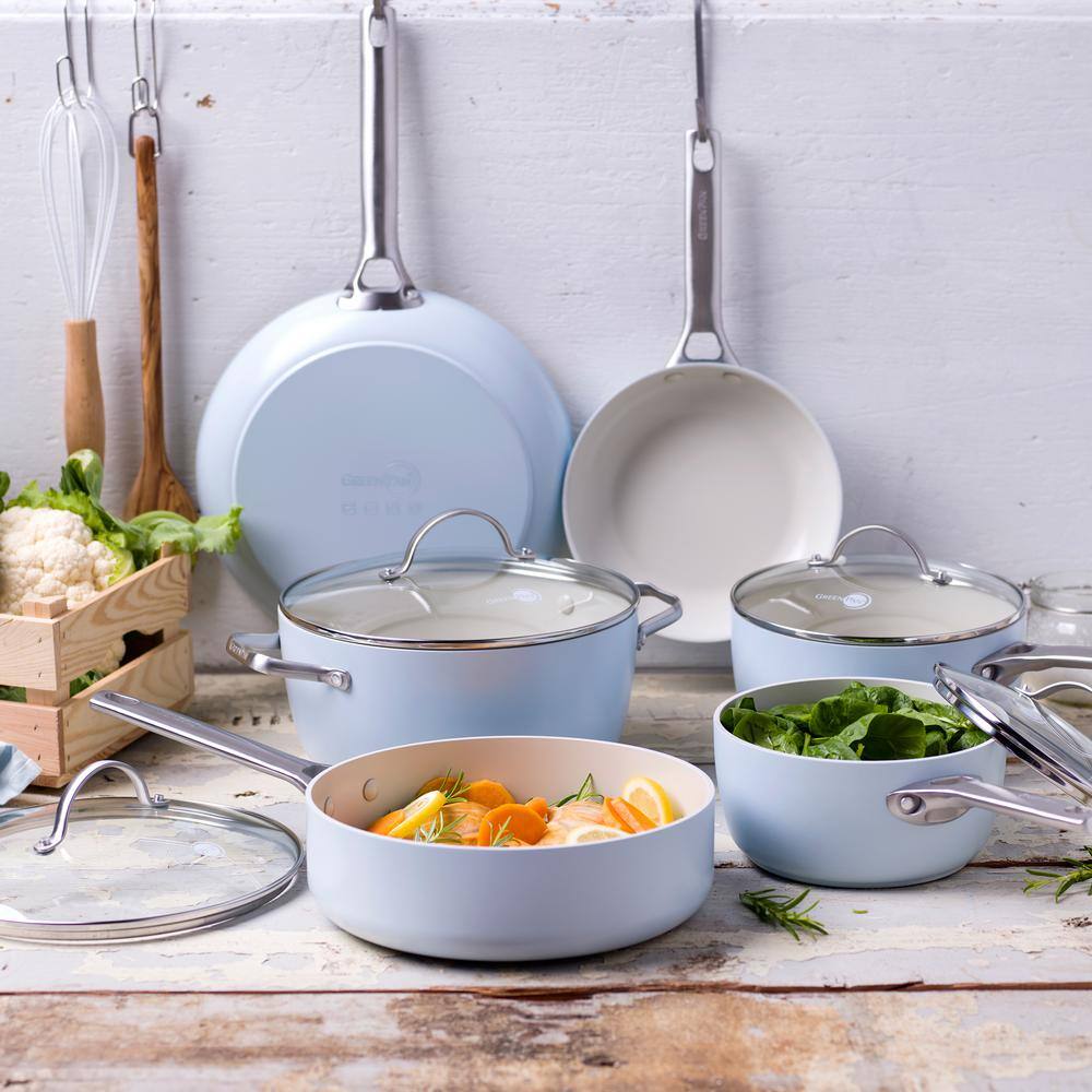 GreenPan Padova 10-Piece Aluminum Ceramic Nonstick Cookware Set in Light Blue