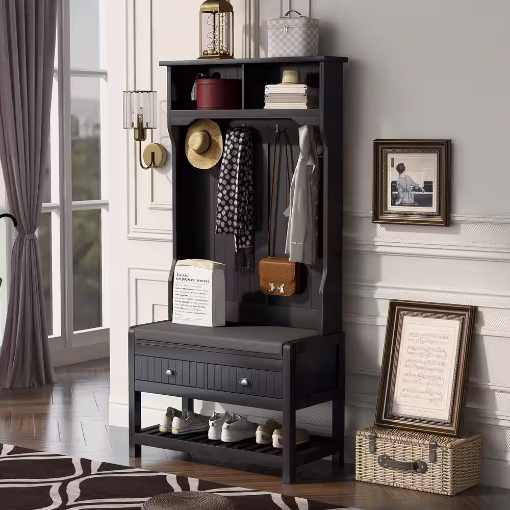 None 69 in. Black Wood 3-in-1 Hall Tree Coat Rack Shoe Storage Entryway Bench with 4-Metal Double Hooks, Drawers and Shelves