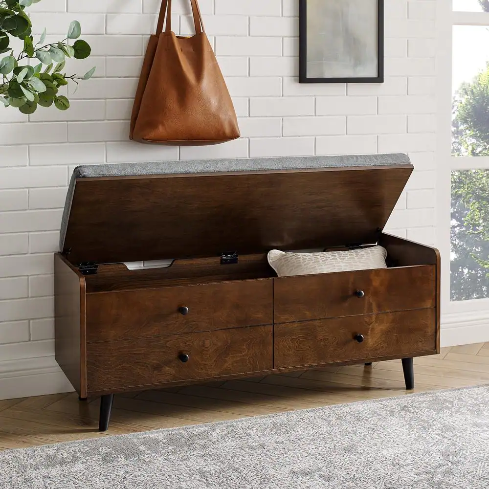 Welwick Designs 19 In. Dark Walnut and Gray Wood Faux Drawer Storage Bench with Polyester Linen Cushion