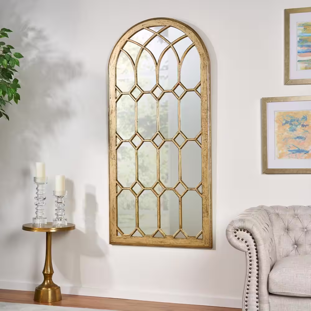 Noble House Dipietro 64 in. x 30 in. Classic Arch Framed Distressed Gold Accent Mirror