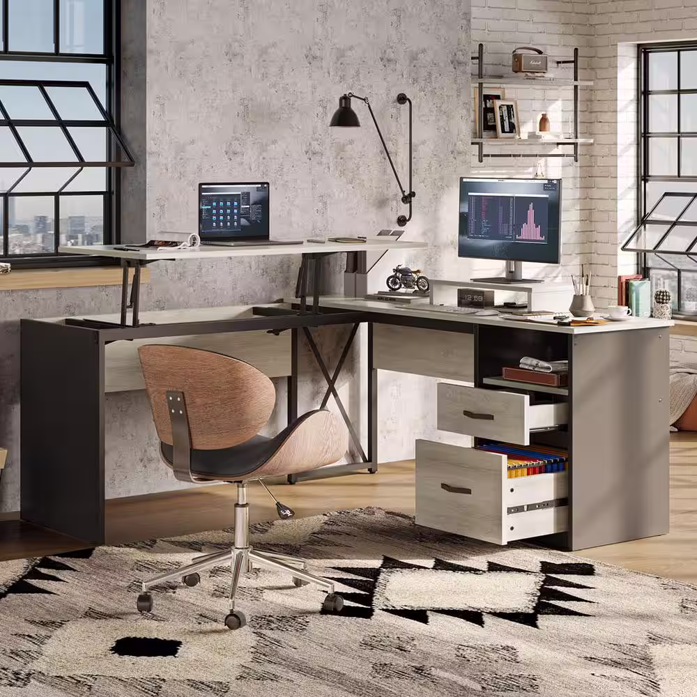 Bestier 55.7 in. Retro Grey Oak Light 2 Drawer L-Shaped Computer Desk with Lift-Top