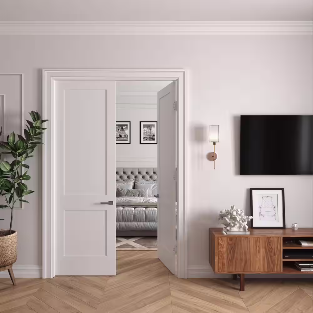 RESO 44 in. x 96 in. Bi-Parting Solid Core Primed White Composite Wood Double Pre-hung interior French Door Satin Nickel