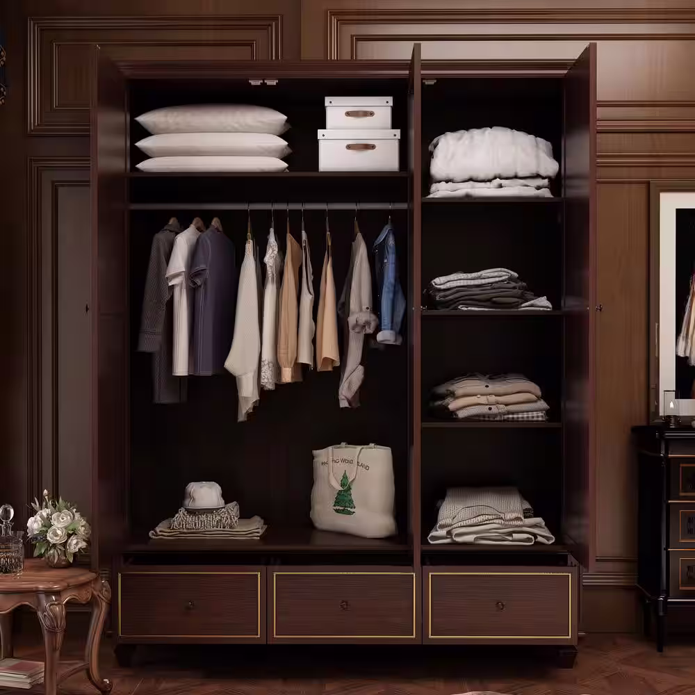 None Brown 3-Door Big Wardrobe Armoires with Hanging Rod 3-Drawers Storage Shelves (78.7 in. H x 63 in. W x 18.9 in. D)
