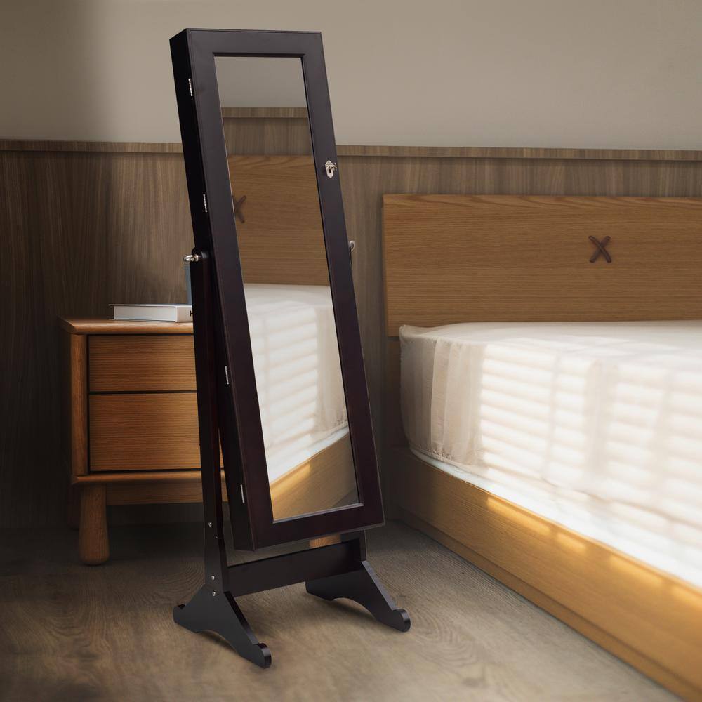 Unbranded Brown European-Style Retro with Full-Length Mirror Wooden Vertical Jewelry Cabinet with LED Lights