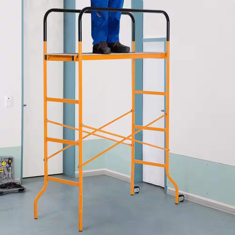 HOMCOM 45.25 in. x 22.5 in. 4-Step Steel Scaffold 2 Wheels Free Moving for Indoor and Outdoor Anti-Skid, 440 lbs. Capacity