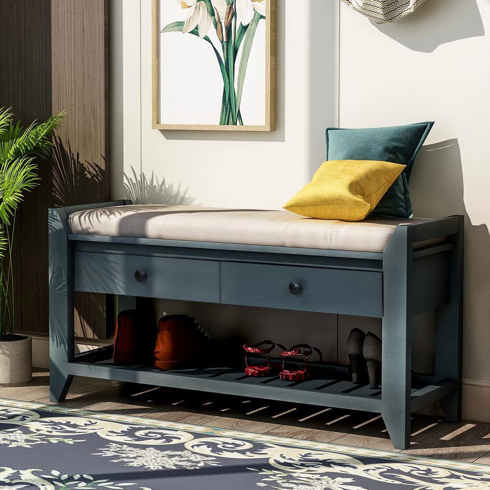 None 19.8 in. H x 39 in. W Antique Navy Solid Wood Shoe Rack with Cushioned Seat and 2-Drawers Shoe Storage Bench