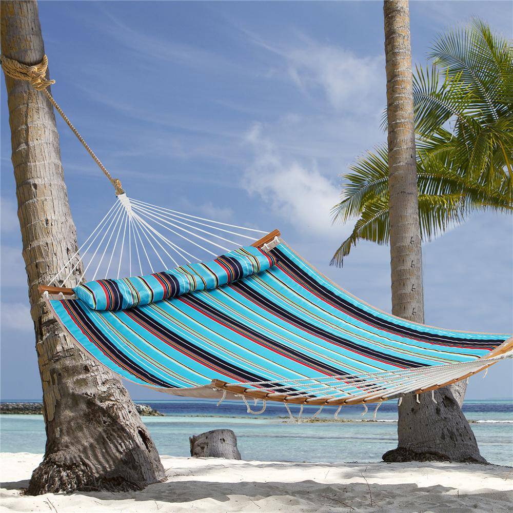 Costway 130 in. Hammock with Pillow Curved Bamboo Spreader Bar Chain Portable Indoor Outdoor Blue