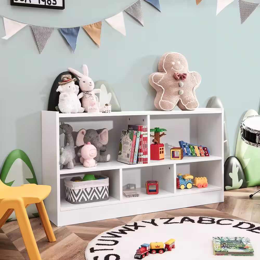 Costway 24 in. White Kids 2-Shelf Bookcase 5-Cube Wood Toy Storage Cabinet Organizer