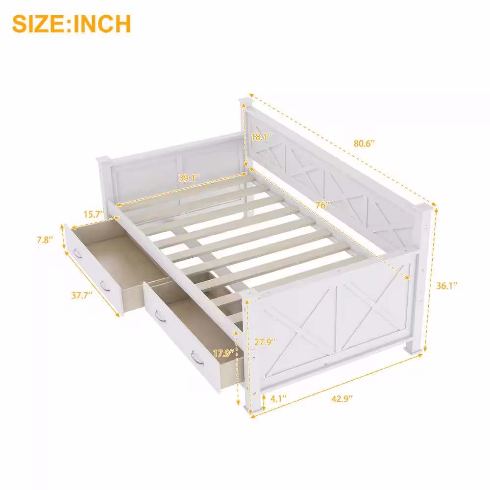 Harper & Bright Designs White Twin Size Daybed with 2-Large Drawers and X-shaped Frame