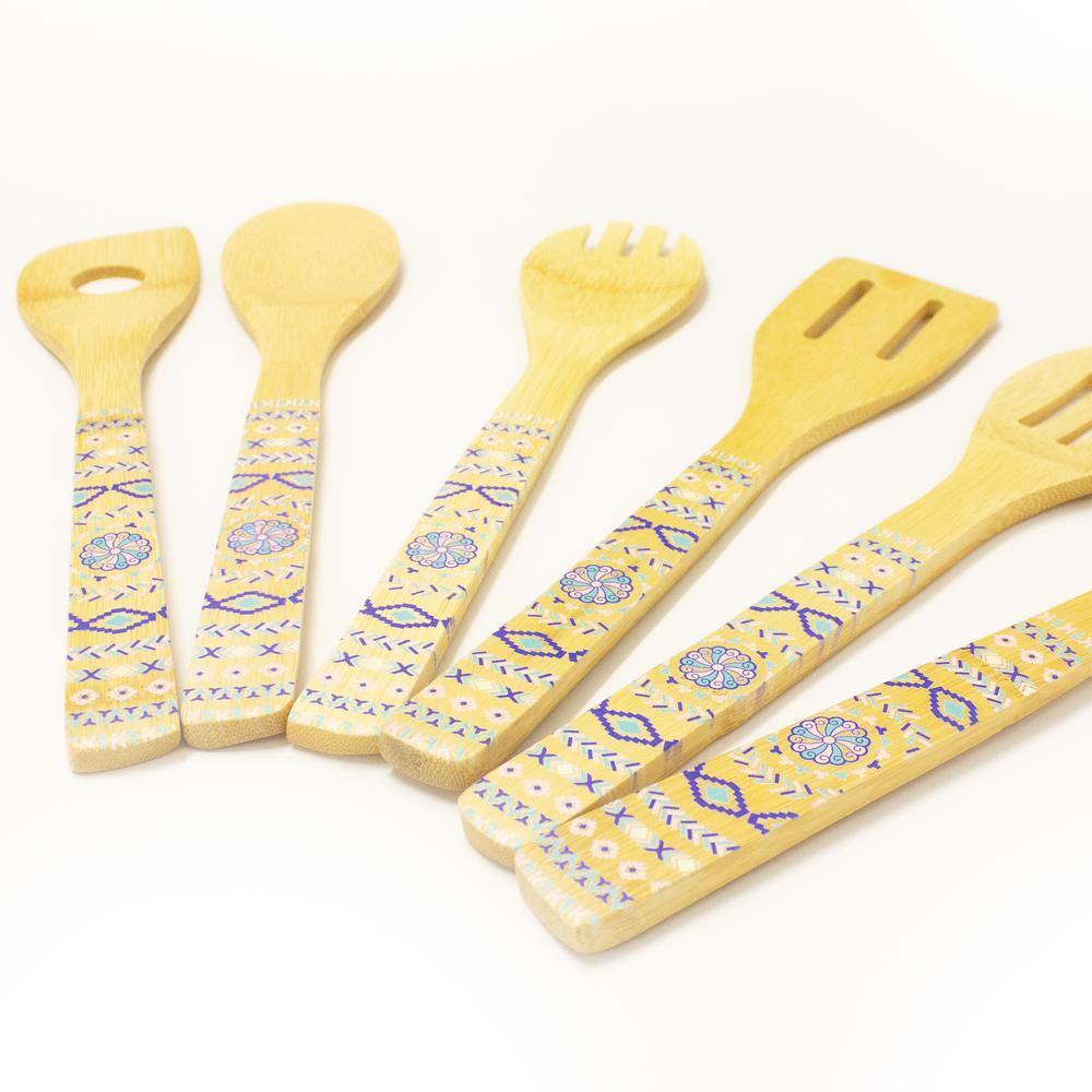 BergHOFF Patterned Bamboo 6-Piece Blue and Orange Utensil Set