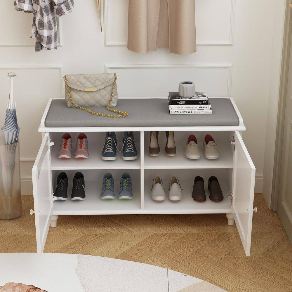 None 20.8in. Hx35.8in. W, 8-Pair White Wooden Shoes Storage Cabinet, with Adjustable Shelves and Cushion