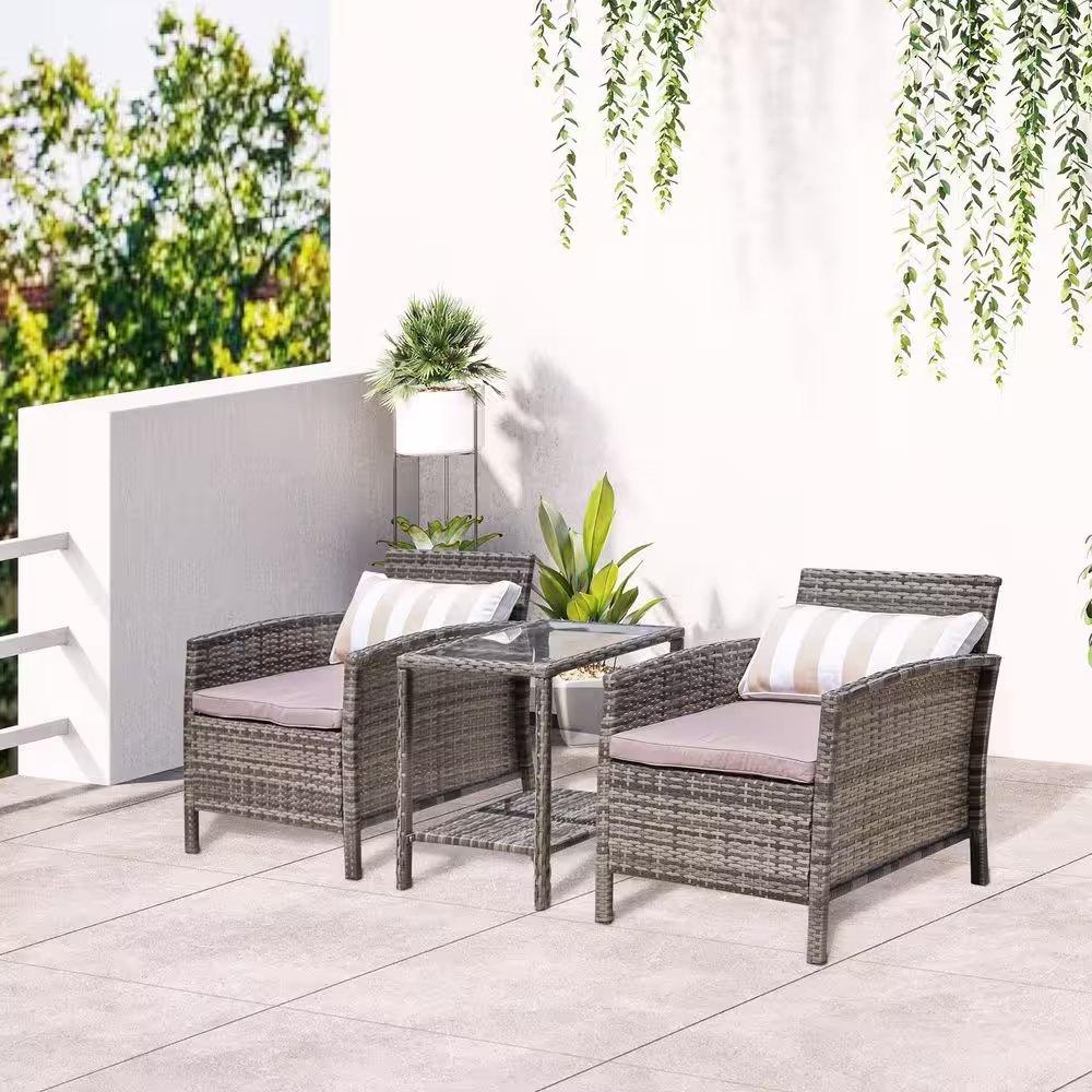 Outsunny 3-Piece Wicker Outdoor Bistro Set with Grey Cushions, Patio Porch Furniture Set with Shelf Table for Garden (2-Tier)