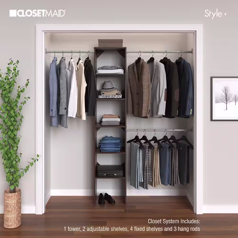 ClosetMaid Style+ 72 in. W - 113 in. W Chocolate Narrow Wood Closet System