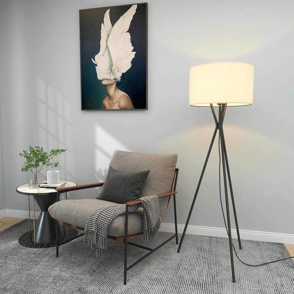 Uixe 64 in. Matte Black Indoor Tripod Floor Lamp with White Fabric Shade