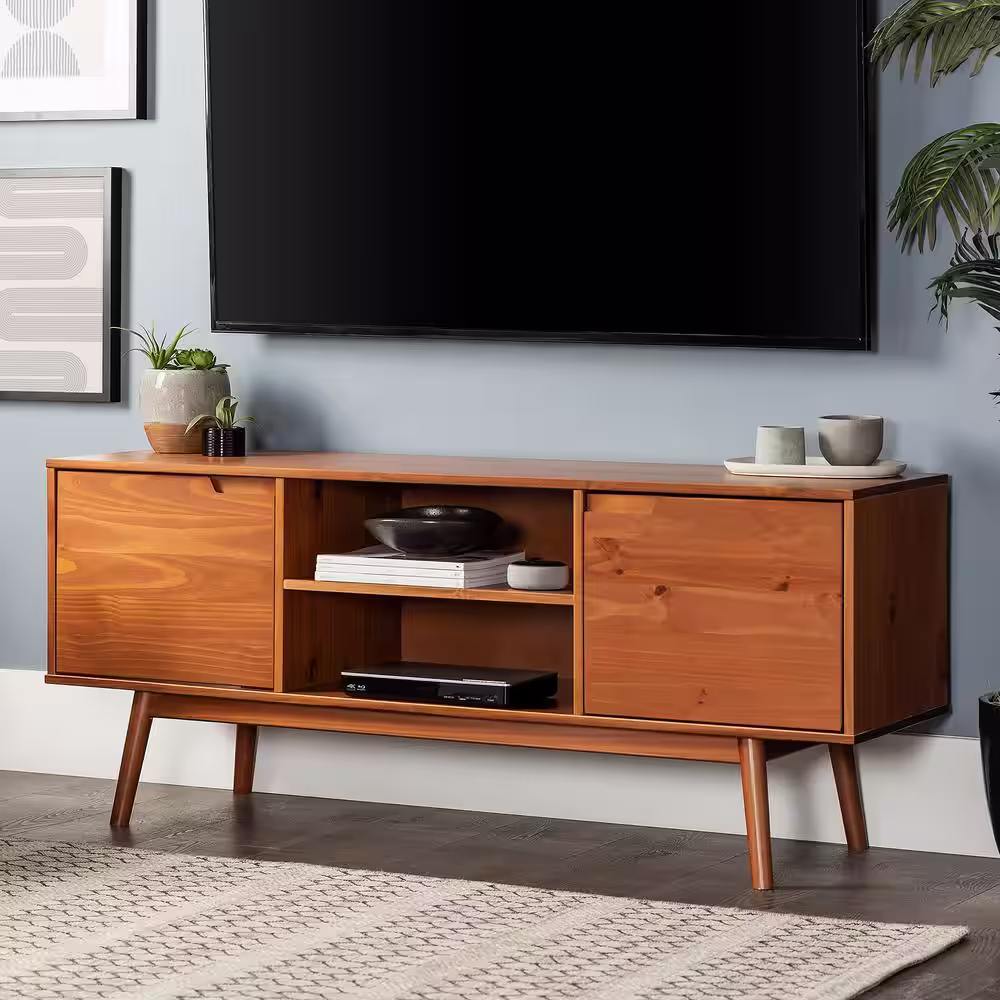 Welwick Designs 58 in. Caramel Solid Wood TV Stand Fits TVs up to 65 in. with Cutout Cabinet Handles