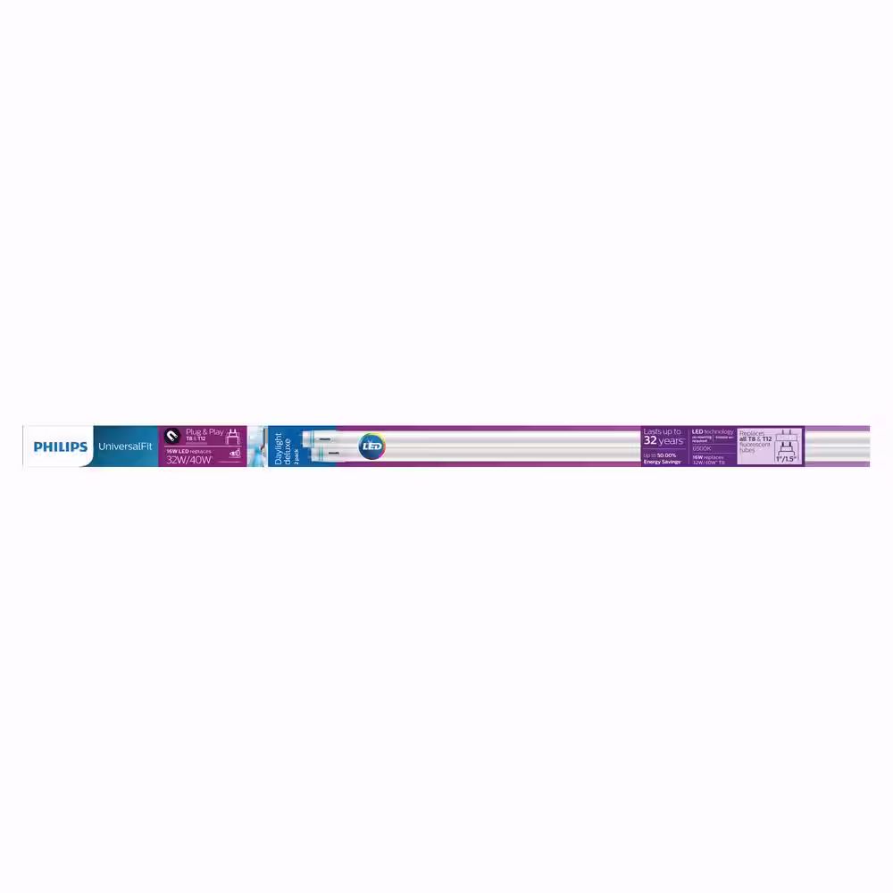 Philips 32W T8/40W T12 Equivalent 4 ft. Type A Linear Universal Fit Daylight LED Tube Light Bulb (6500K) (2-Pack)
