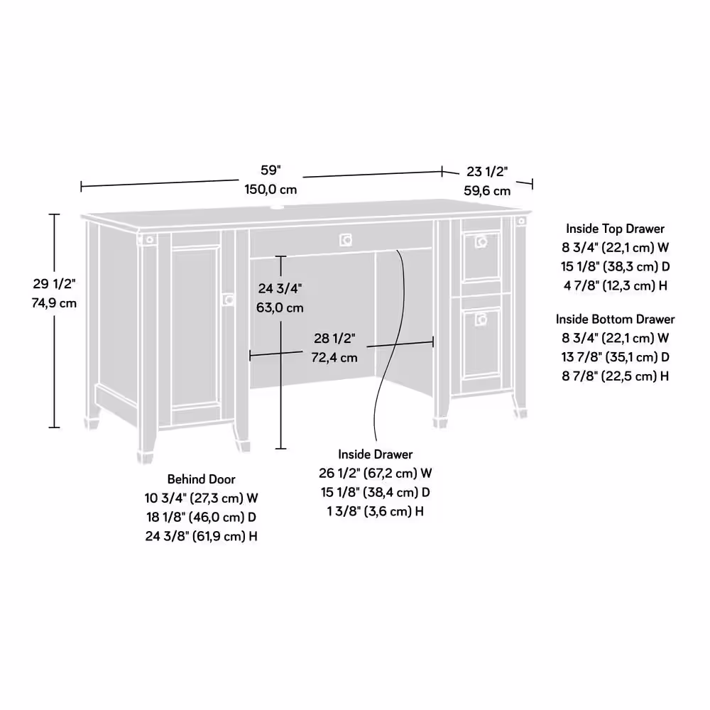 SAUDER 59 in. Rectangular Washington Cherry 3 Drawer Executive Desk with File Storage