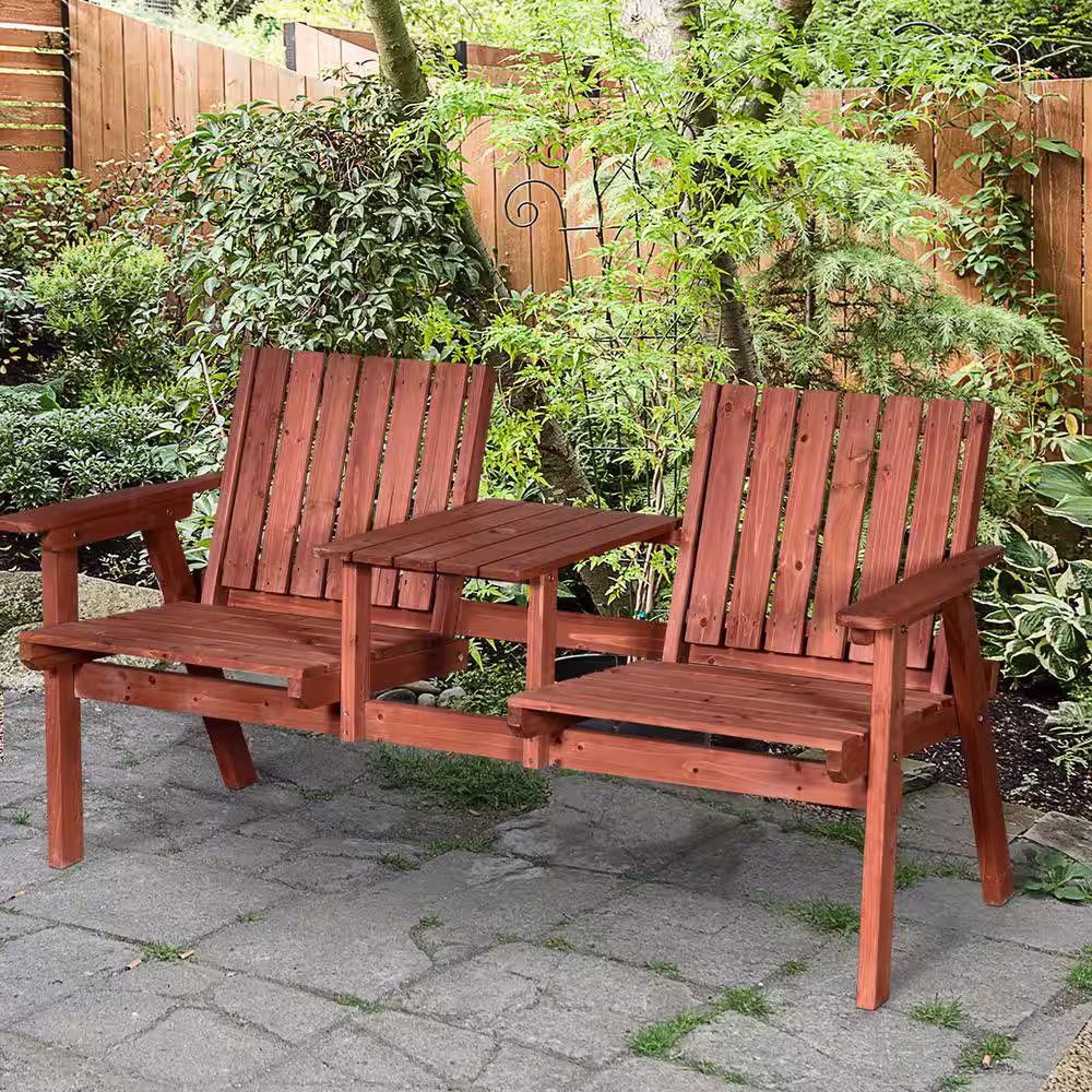 Outsunny 3-Piece Wooden Patio Conversation Set Garden Bench with Middle Table and Natural Weather-Fighting Materials