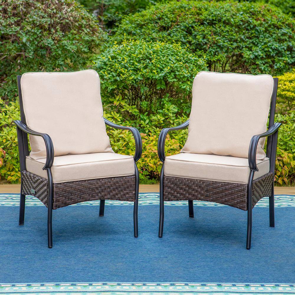 None 7-Piece Metal Patio Outdoor Dining Set with Black Expandable Rectangle Table and Chairs with Beige Cushions
