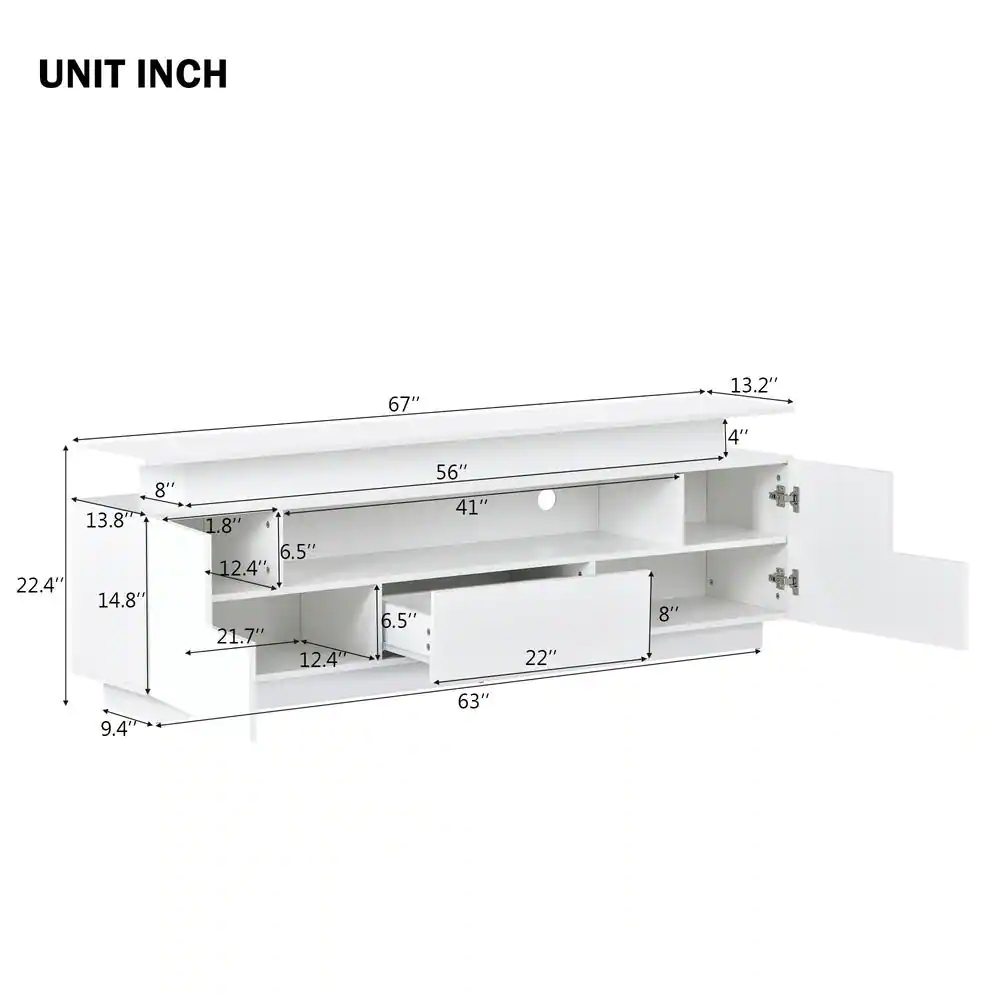 Harper & Bright Designs Stylish 67 in. White TV Stand with Cabints, Drawer and Shelf Fits TV's up to 75 in. with Color Changing LED Lights