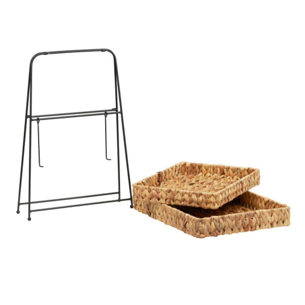 HOUSEHOLD ESSENTIALS Natural Hyacinth Metal Tray Tower with 2 Baskets