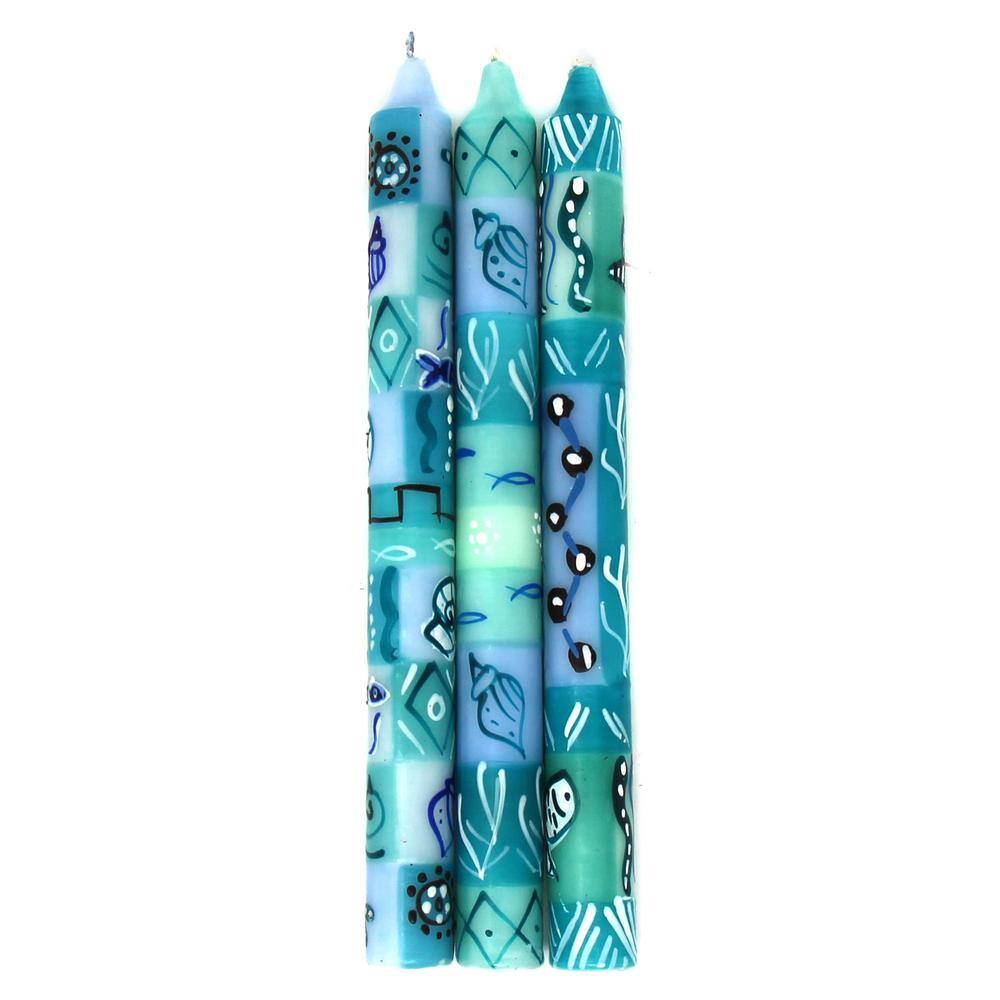 None Unscented Hand-Painted Dinner Candles in Blue, Boxed Set of 3 (Samaki Design)