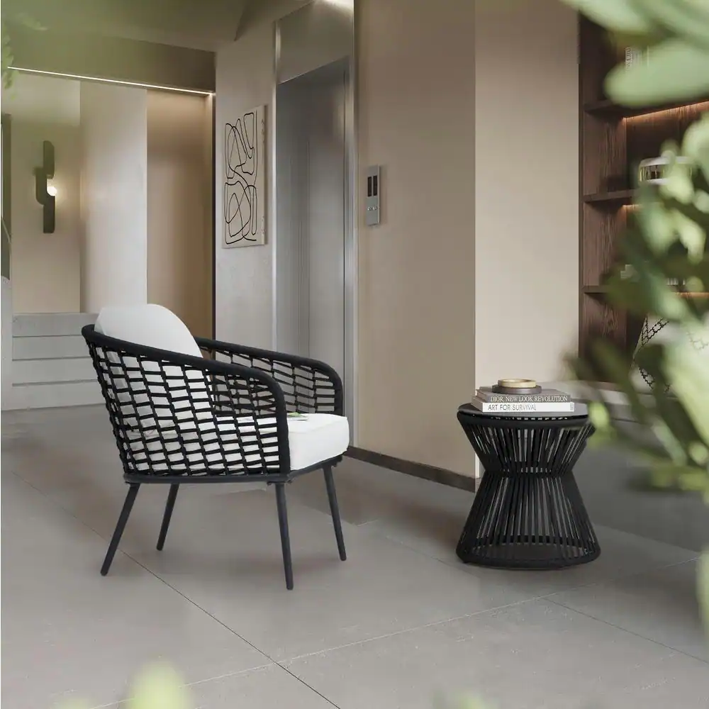 Nuu Garden 3-Piece Black Wicker Metal Outdoor Furniture Patio Conversation Set Stylish Balcony Porch Set with White Cushion
