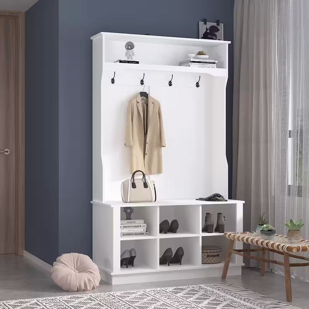 None White Painted Coat Rack with Bench and Storage Cubbies