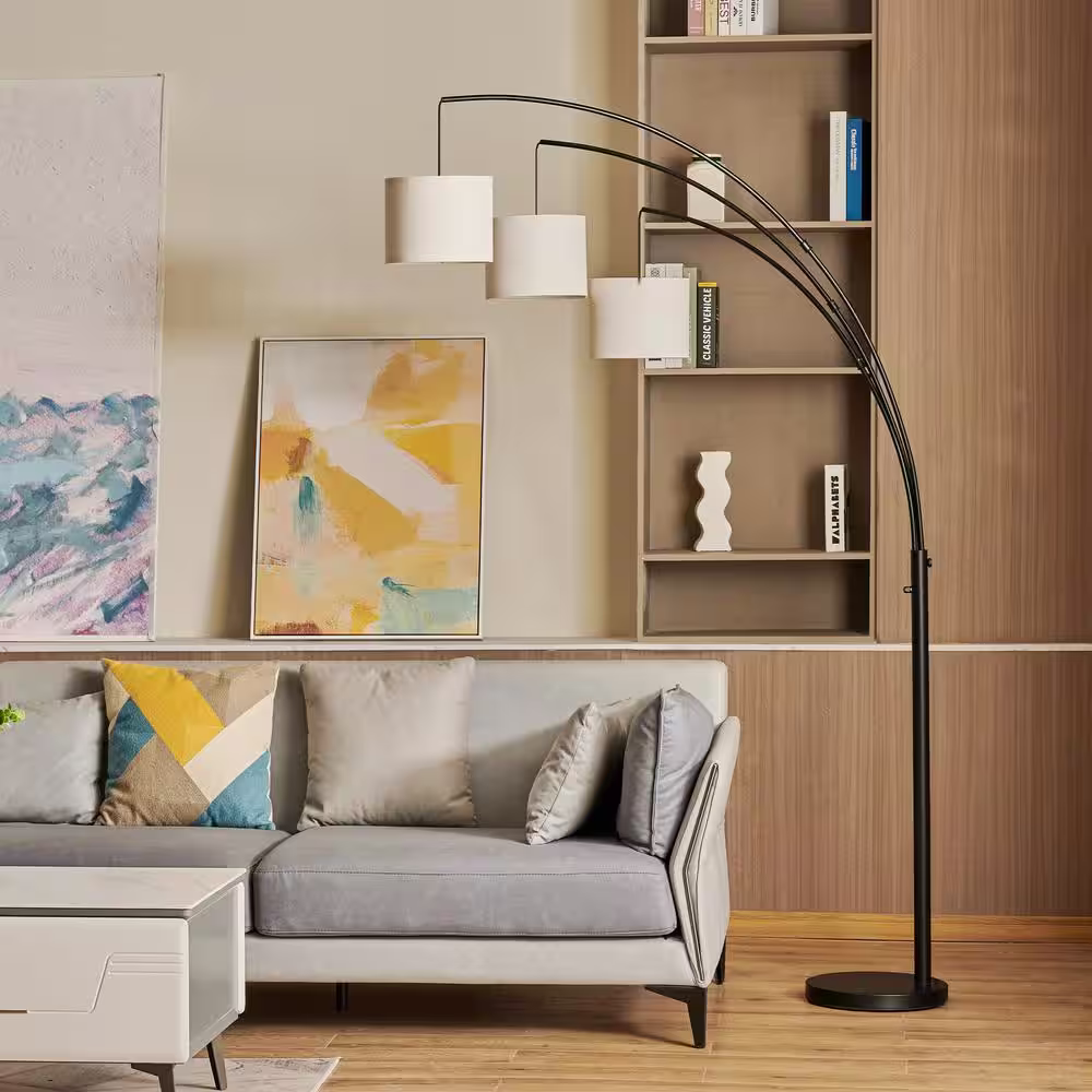 Merra 83 in. Black Arched Tree Floor Lamp with Adjustable Hanging Linen Drum Shades
