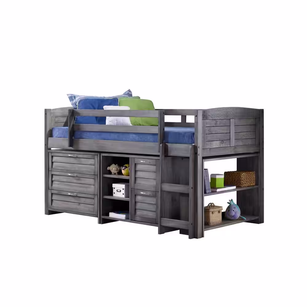 Donco Kids Antique Grey Twin Louver Low Loft Bed with 3 and 2-Drawer Chests