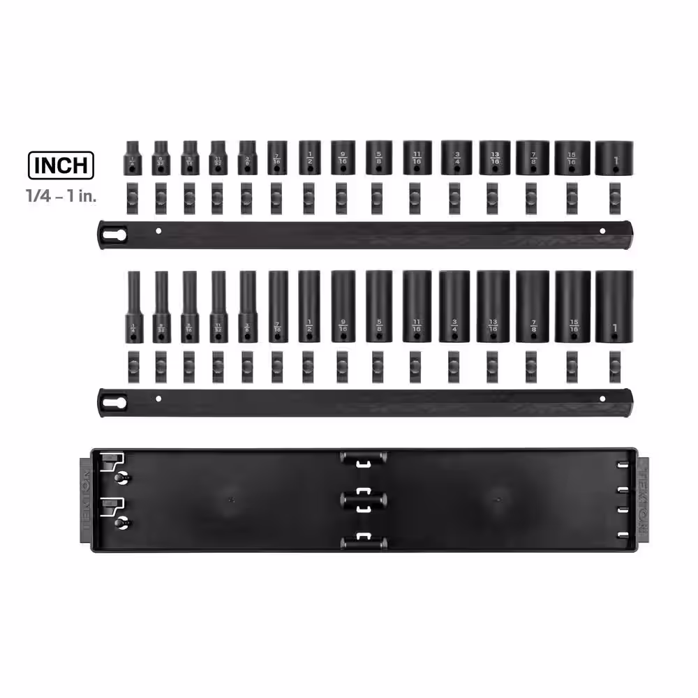 TEKTON 3/8 in. Drive 6-Point Impact Socket Set (30-Piece) (1/4-1 in.) with Rails