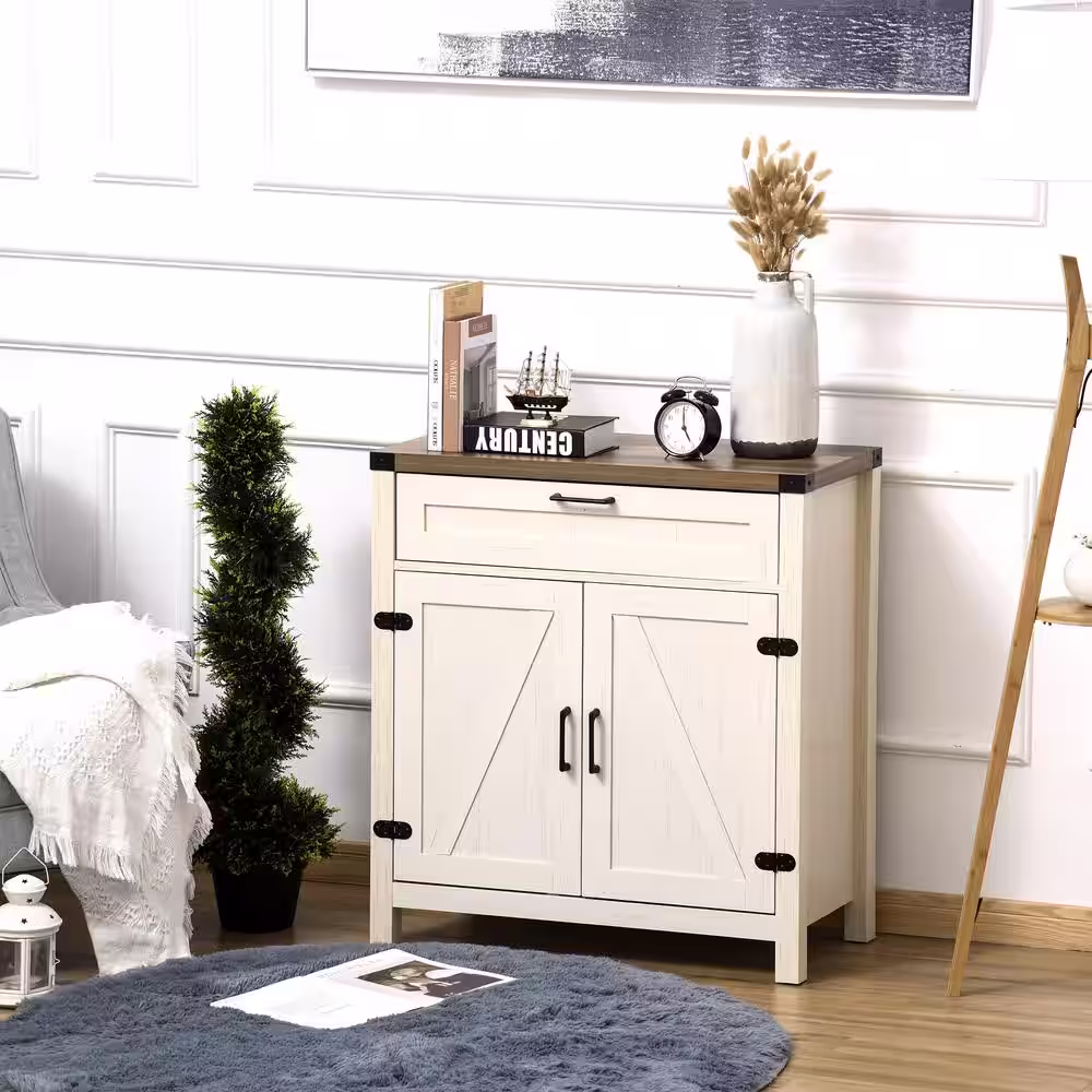 HOMCOM White Industrial Storage Sideboard with-Drawer and Double Door Cabinet