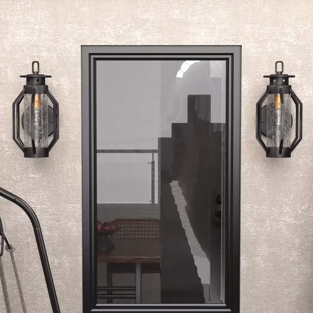 Maxax Hawaii 12 in. H Black Seeded Glass Hardwired Outdoor Wall Lantern Sconce with Dusk to Dawn (Set of 2)